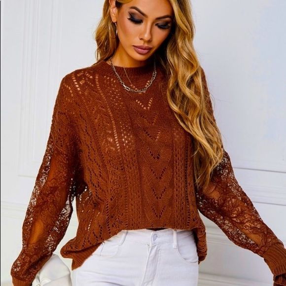 NWT! CONTRAST LACE POINTELLE KNIT DROP SHOULDER SWEATER IN RUST! - Picture 7 of 12